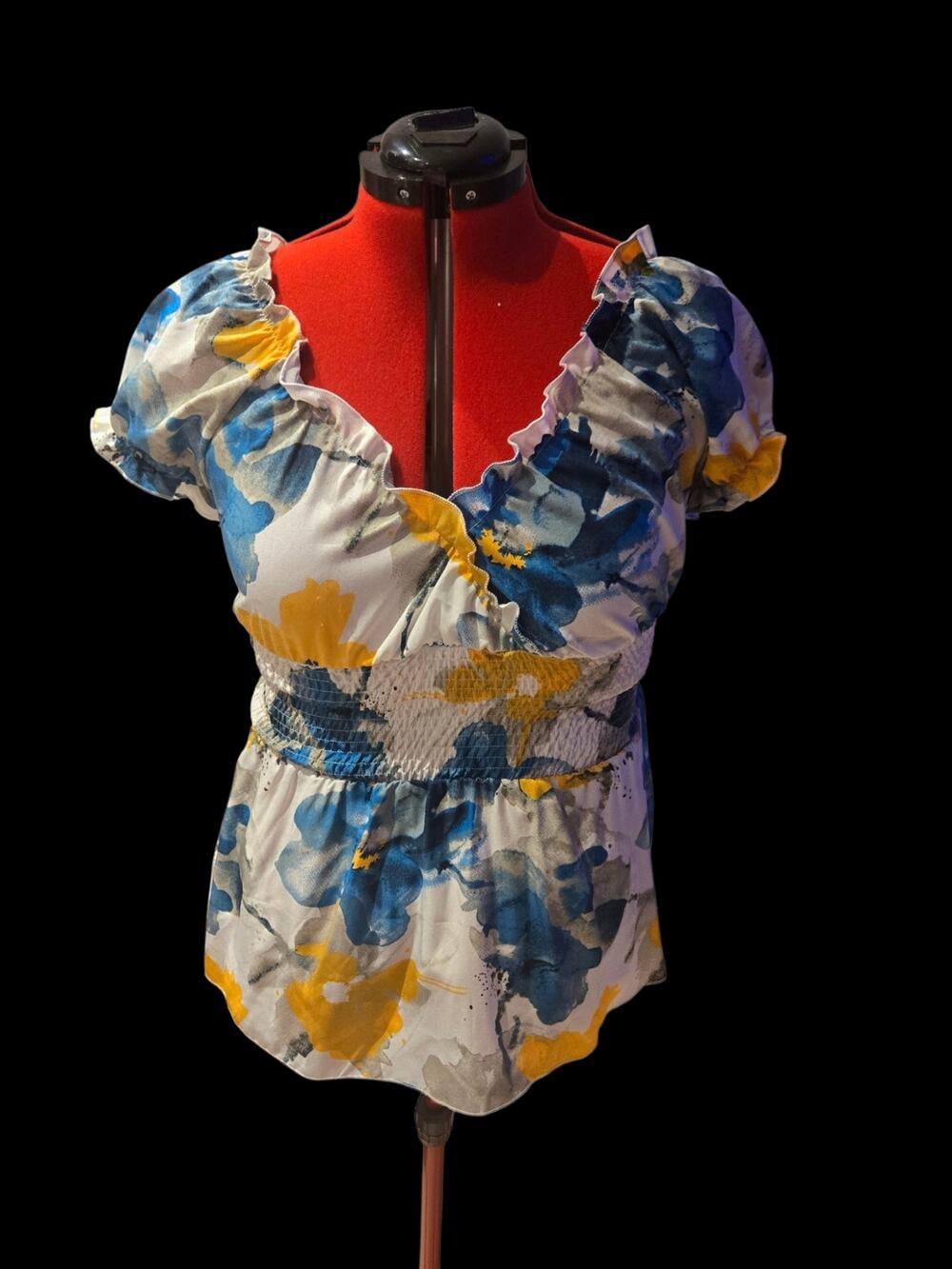 Yellow and blue shein floral print puff sleeve top, size xl